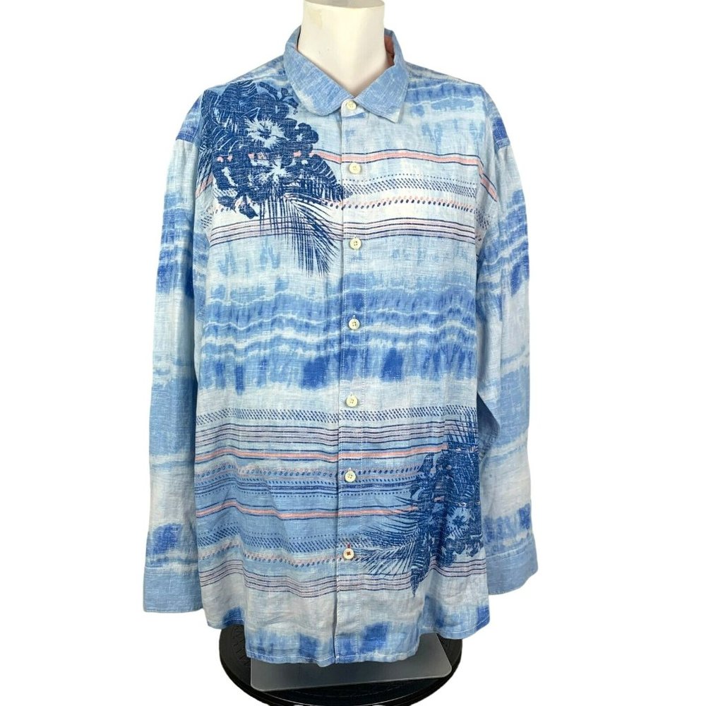 TOMMY BAHAMA RELAX Blue Linen Hawaiian Button Up Long Sleeve Shirt